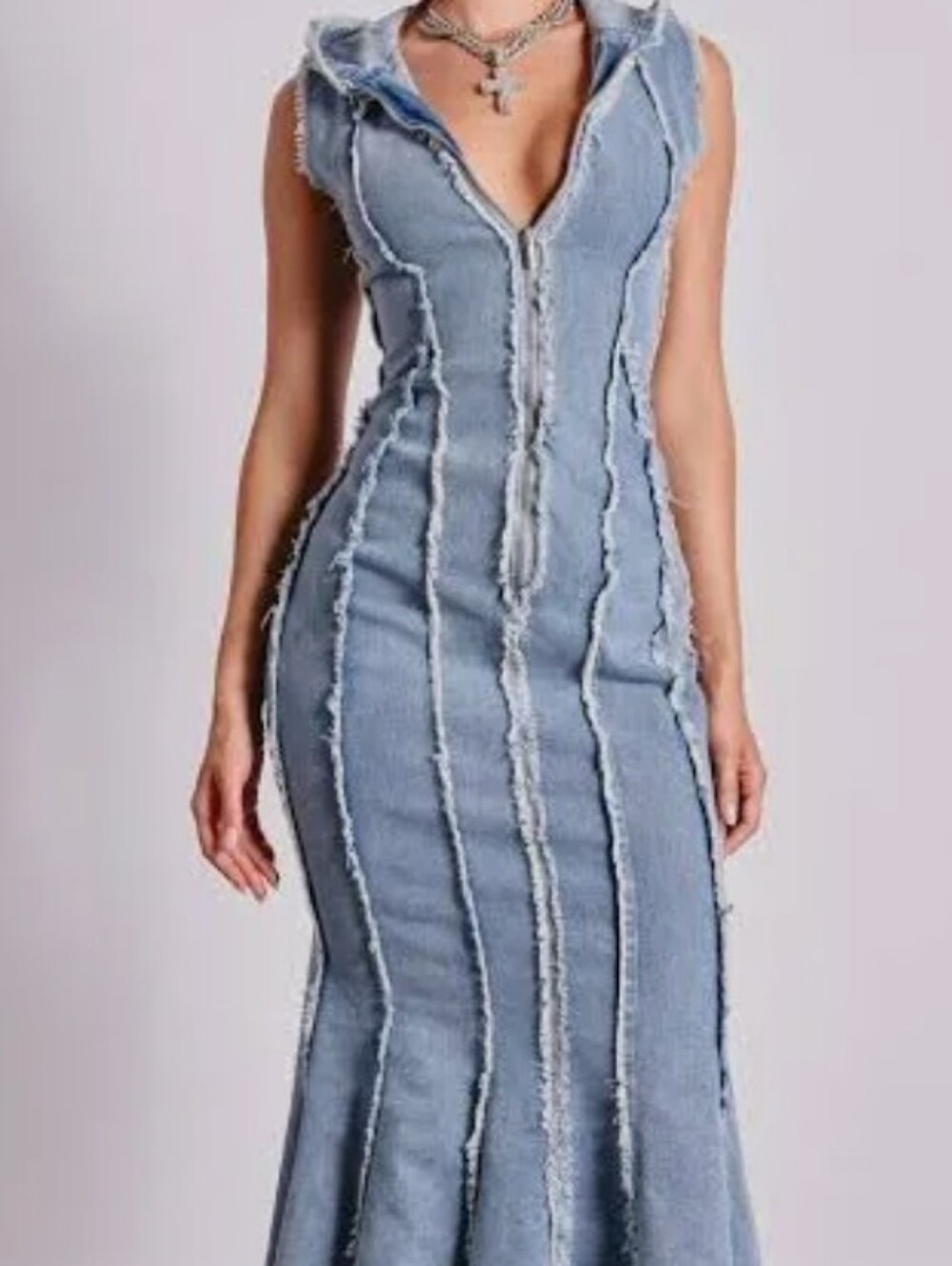 AKIRA Catch My Swag Denim Hooded Maxi Dress Size Large NWT